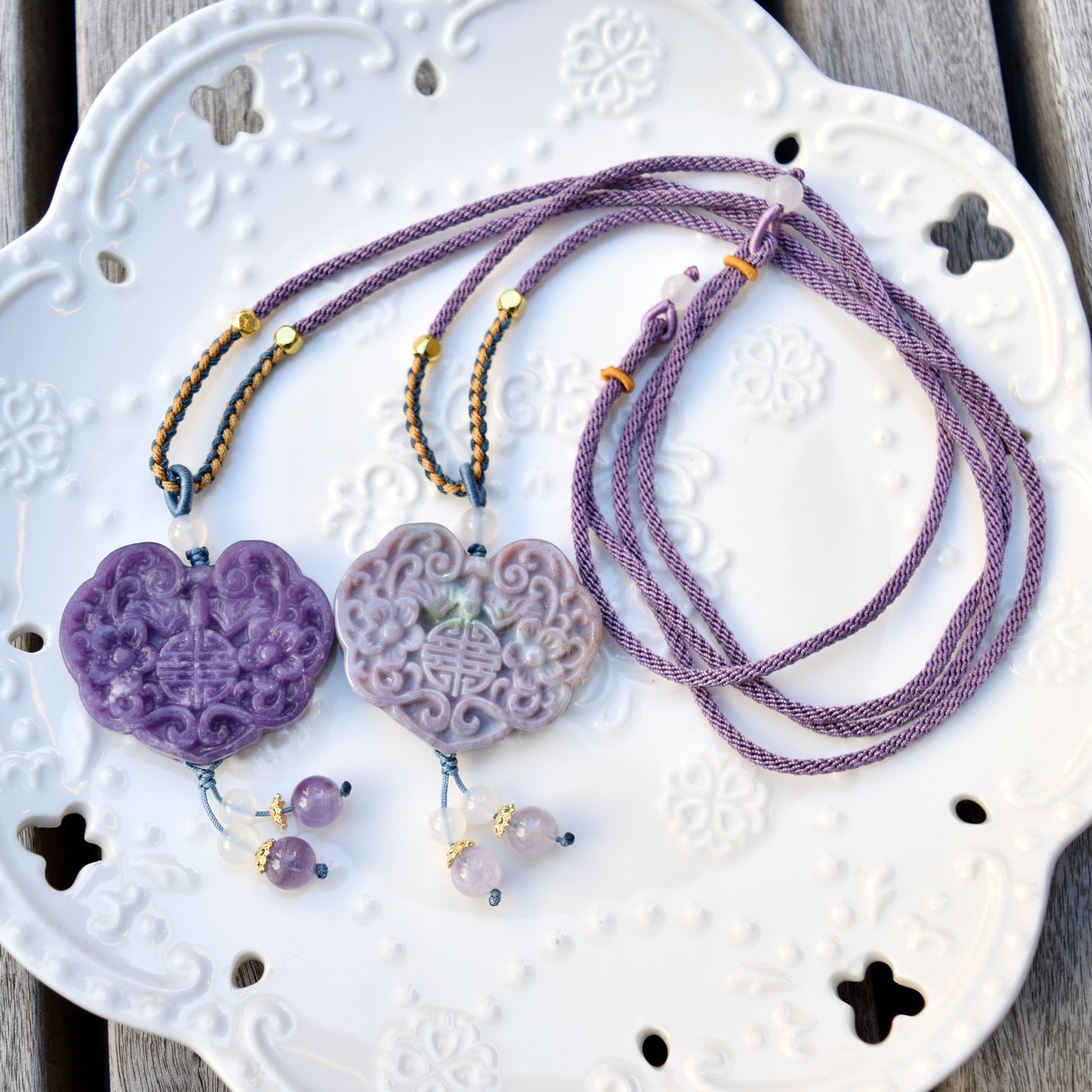 Purple Flora Lock Pendant Rope Necklace - Ocean Jasper Quartz Jade