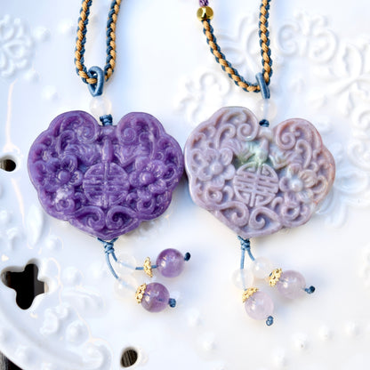 Purple Flora Lock Pendant Rope Necklace - Ocean Jasper Quartz Jade
