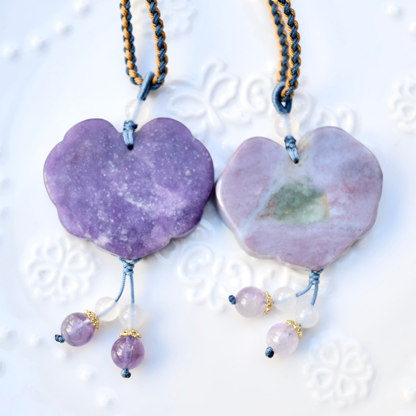 Purple Flora Lock Pendant Rope Necklace - Ocean Jasper Quartz Jade