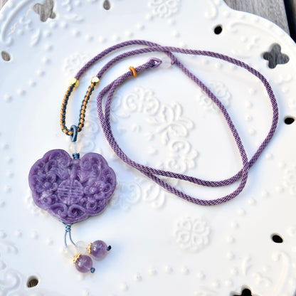 Purple Flora Lock Pendant Rope Necklace - Ocean Jasper Quartz Jade
