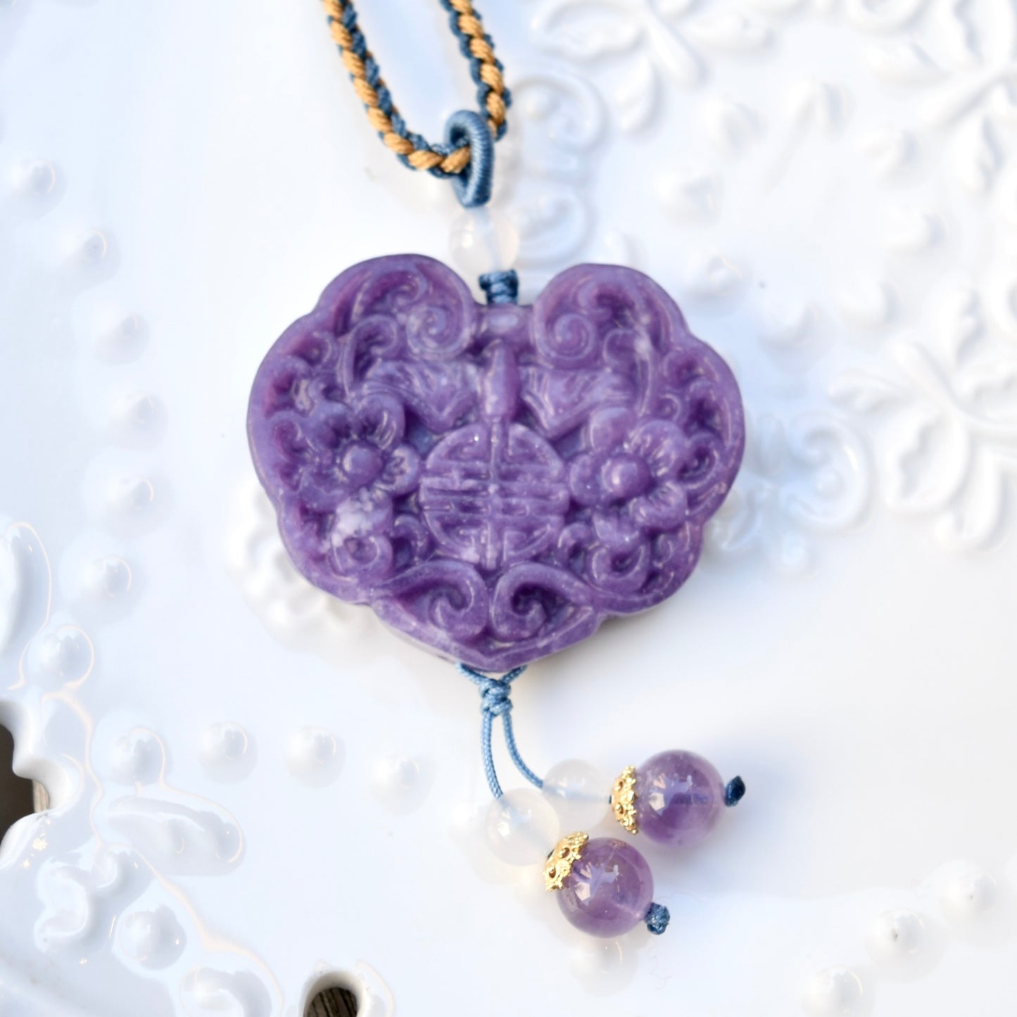 Purple Flora Lock Pendant Rope Necklace - Ocean Jasper Quartz Jade