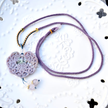 Purple Flora Lock Pendant Rope Necklace - Ocean Jasper Quartz Jade