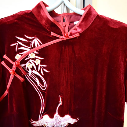 Red Velvet Crane Embroidered Qipao Midi Dress - Chinese Cheongsam