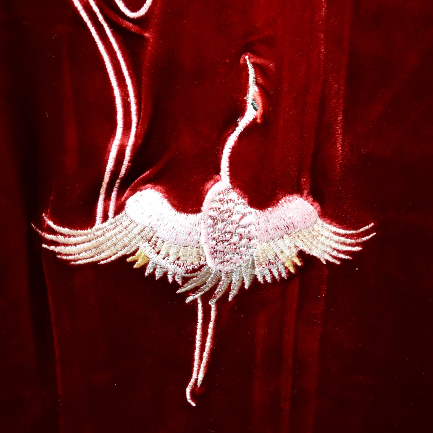 Red Velvet Crane Embroidered Qipao Midi Dress - Chinese Cheongsam