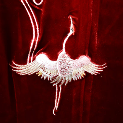 Red Velvet Crane Embroidered Qipao Midi Dress - Chinese Cheongsam