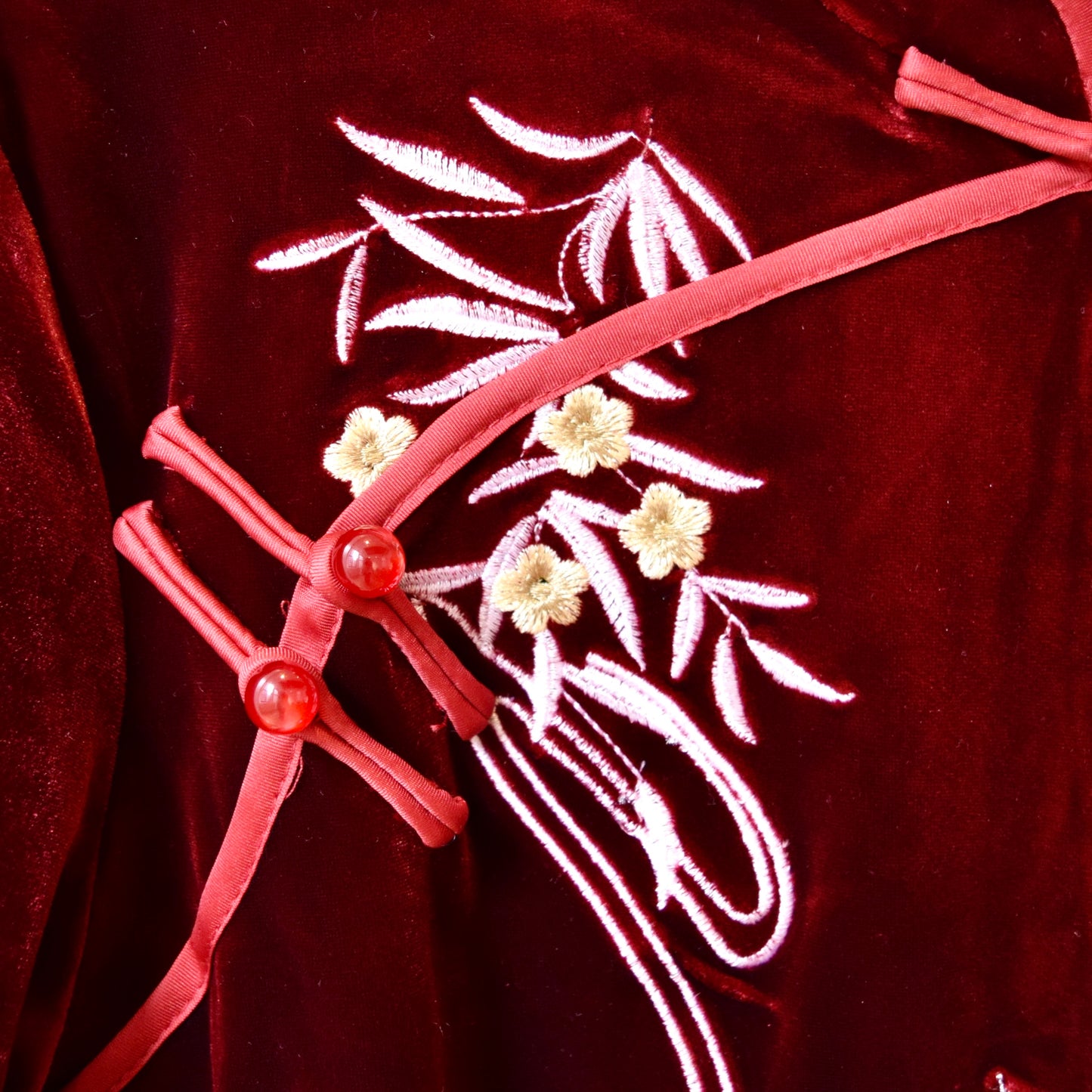 Red Velvet Crane Embroidered Qipao Midi Dress - Chinese Cheongsam