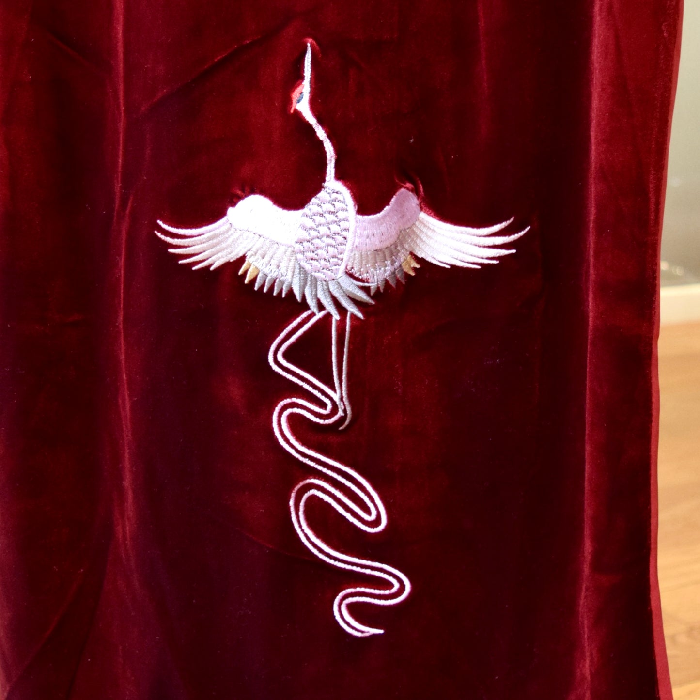 Red Velvet Crane Embroidered Qipao Midi Dress - Chinese Cheongsam