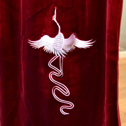 Red Velvet Crane Embroidered Qipao Midi Dress - Chinese Cheongsam