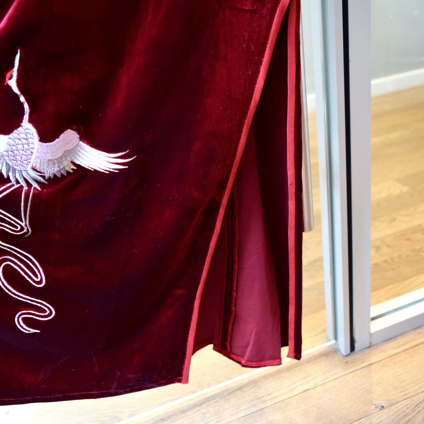 Red Velvet Crane Embroidered Qipao Midi Dress - Chinese Cheongsam