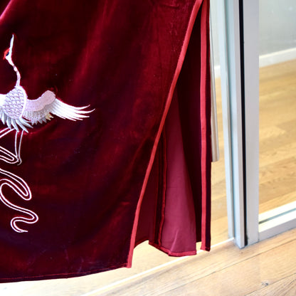 Red Velvet Crane Embroidered Qipao Midi Dress - Chinese Cheongsam