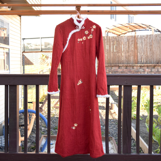 Red Flora Embroidered Fleece Qipao Midi A Line Dress - Chinese Cheongsam