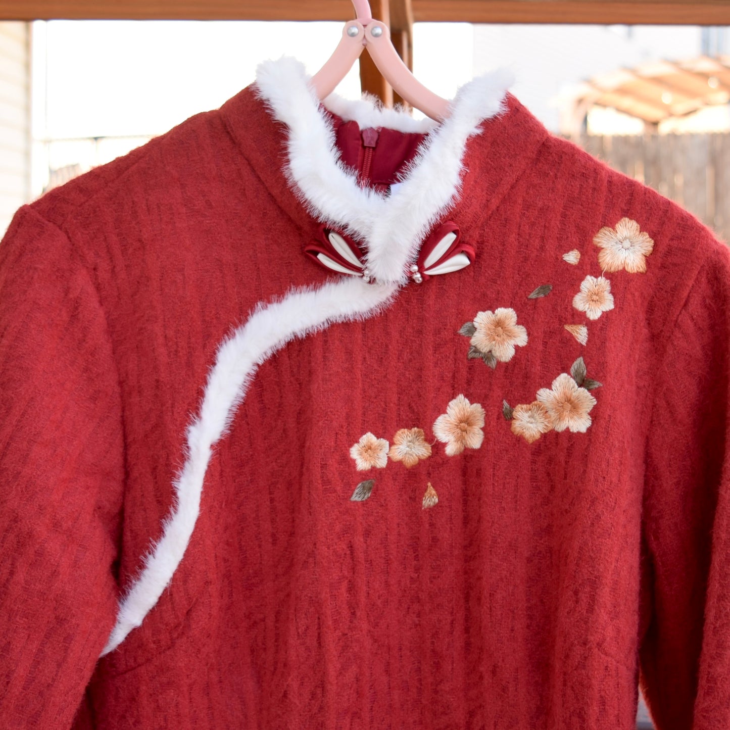 Red Flora Embroidered Fleece Qipao Midi A Line Dress - Chinese Cheongsam