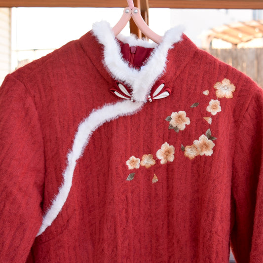 Red Flora Embroidered Fleece Qipao Midi A Line Dress - Chinese Cheongsam