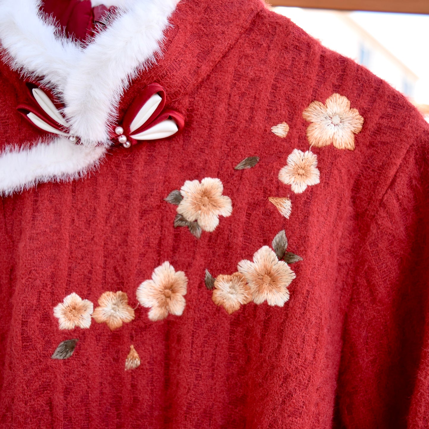 Red Flora Embroidered Fleece Qipao Midi A Line Dress - Chinese Cheongsam