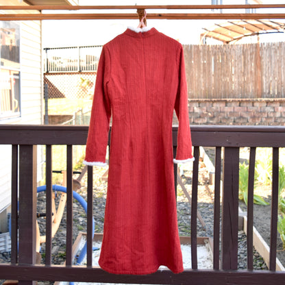 Red Flora Embroidered Fleece Qipao Midi A Line Dress - Chinese Cheongsam