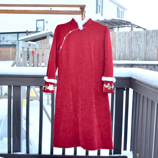 Red Flora Embroidered Fleece Faux Fur Qipao Midi A Line Dress - Chinese Cheongsam