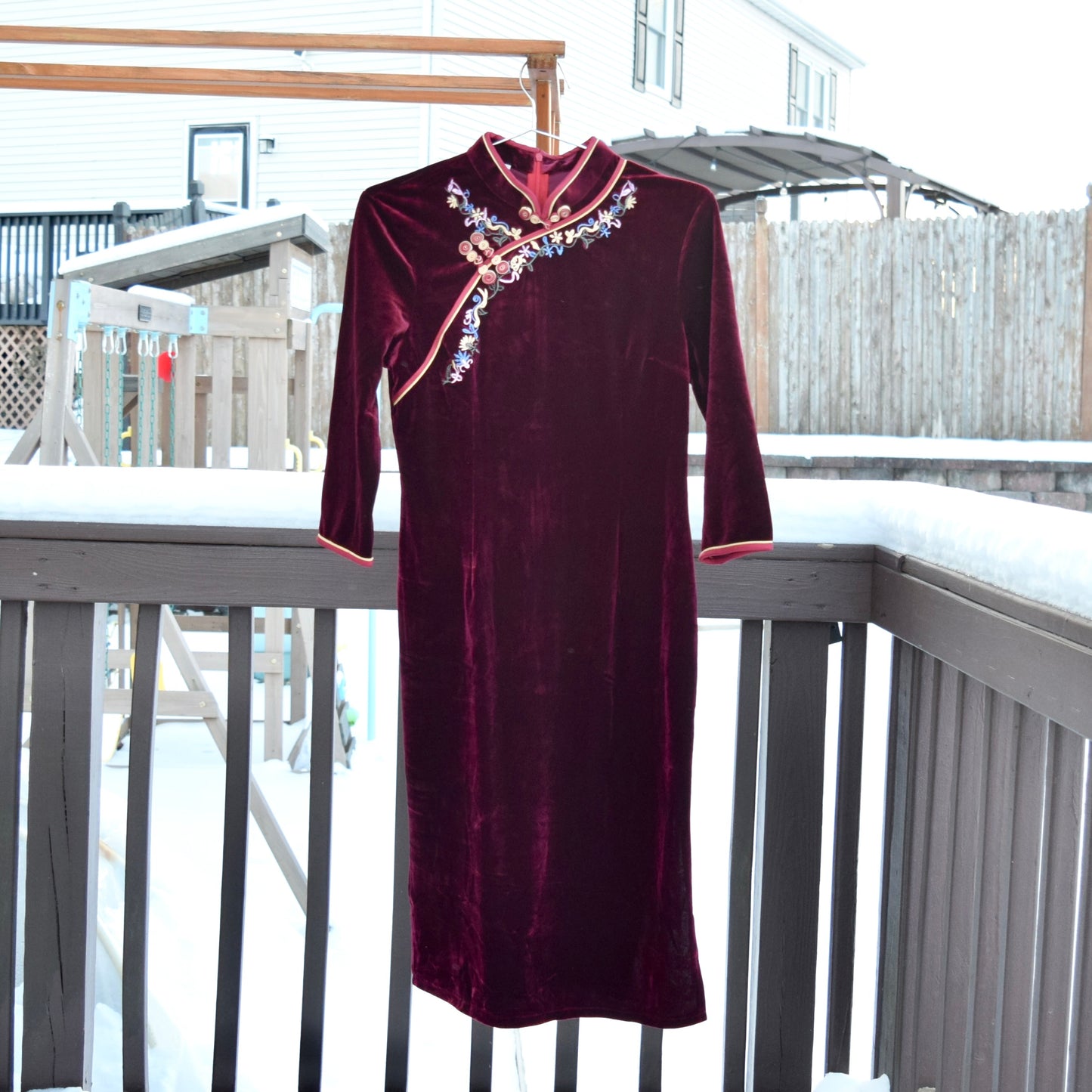 Red Velvet Flower Embroidered Qipao Midi Dress - Chinese Cheongsam