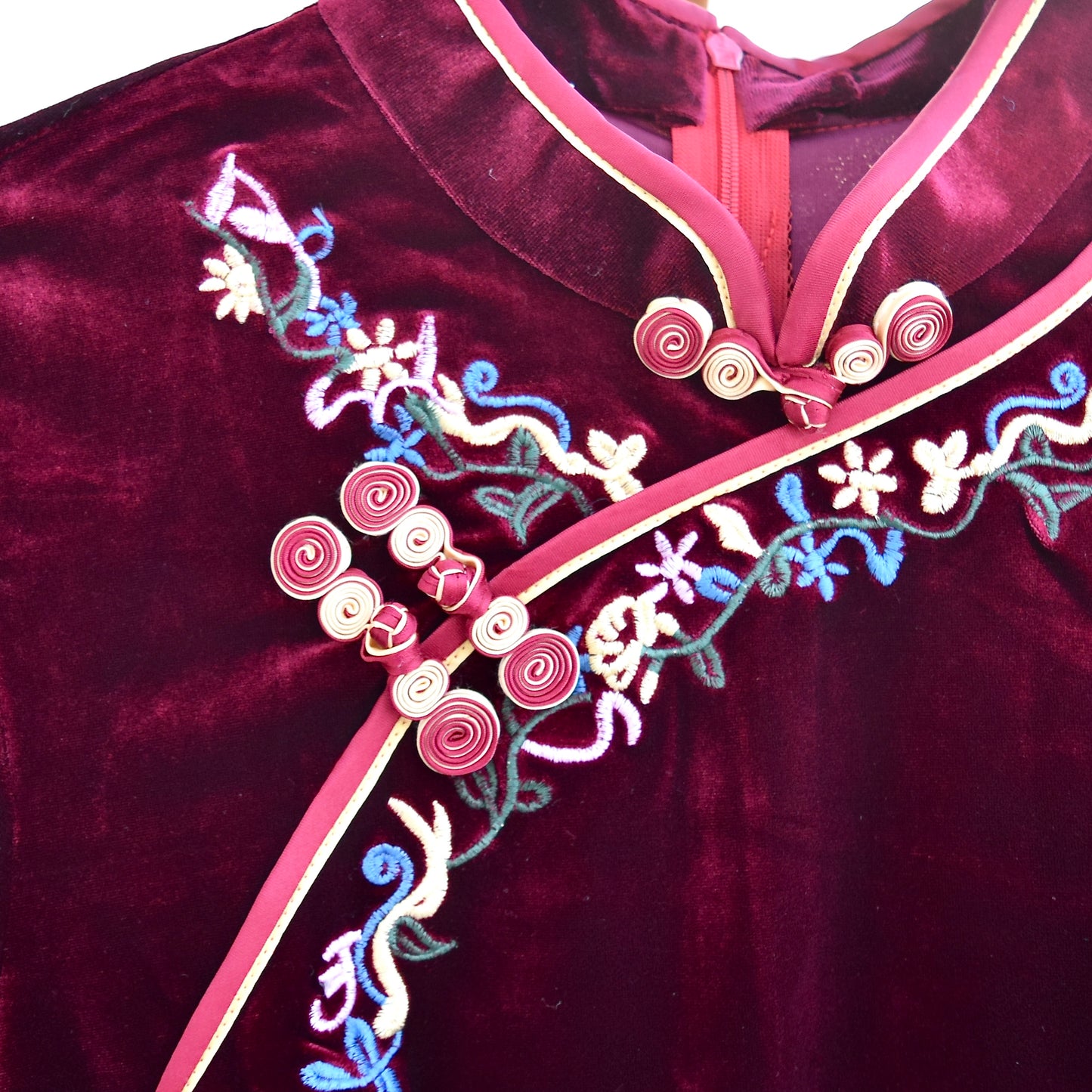 Red Velvet Flower Embroidered Qipao Midi Dress - Chinese Cheongsam