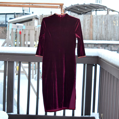 Red Velvet Flower Embroidered Qipao Midi Dress - Chinese Cheongsam