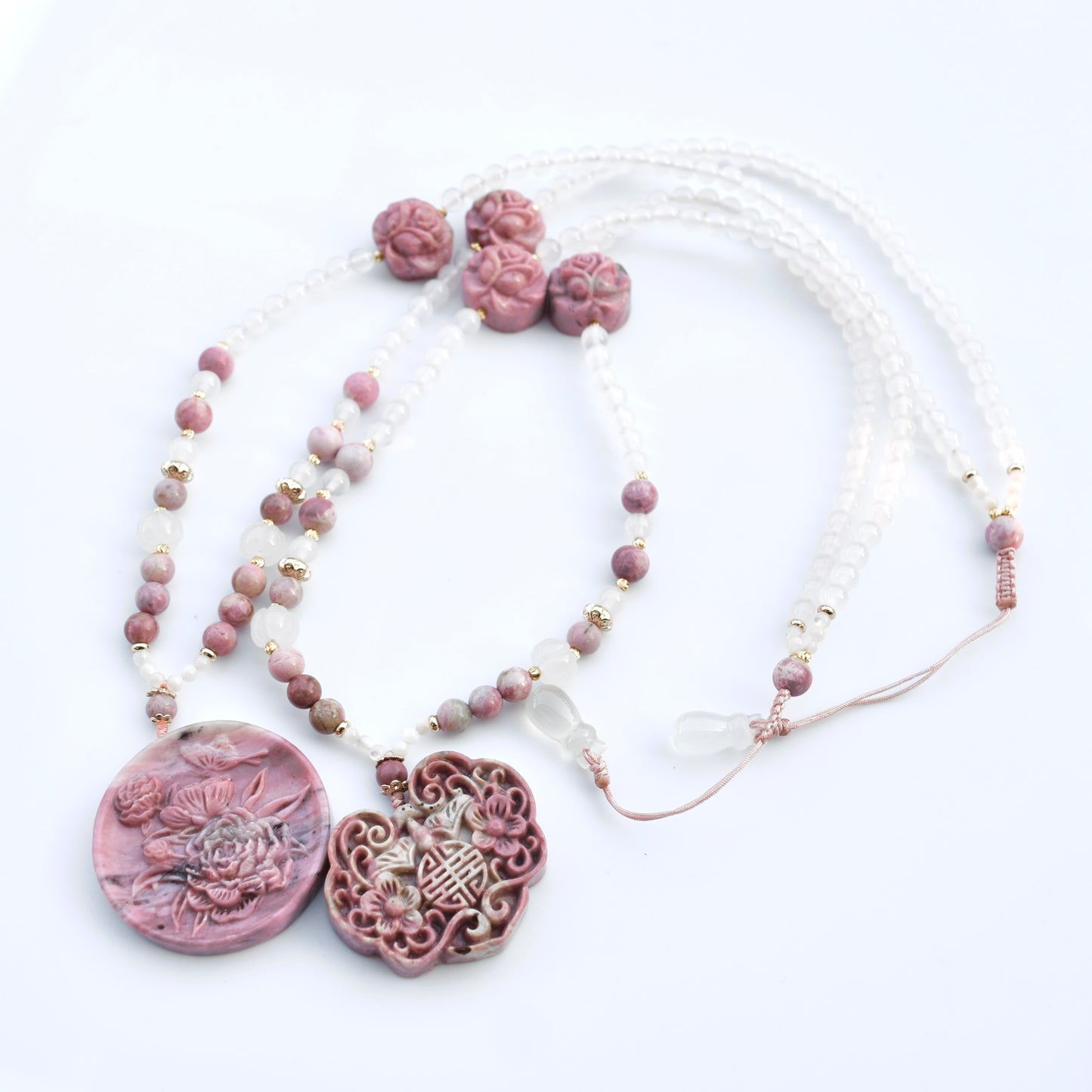 Pink Peony Lock Beaded Necklace - Rhodonite