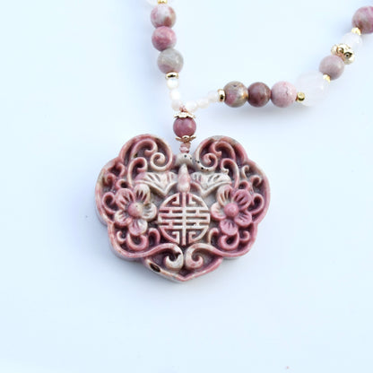 Pink Peony Lock Beaded Necklace - Rhodonite