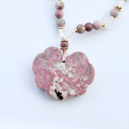 Pink Peony Lock Beaded Necklace - Rhodonite