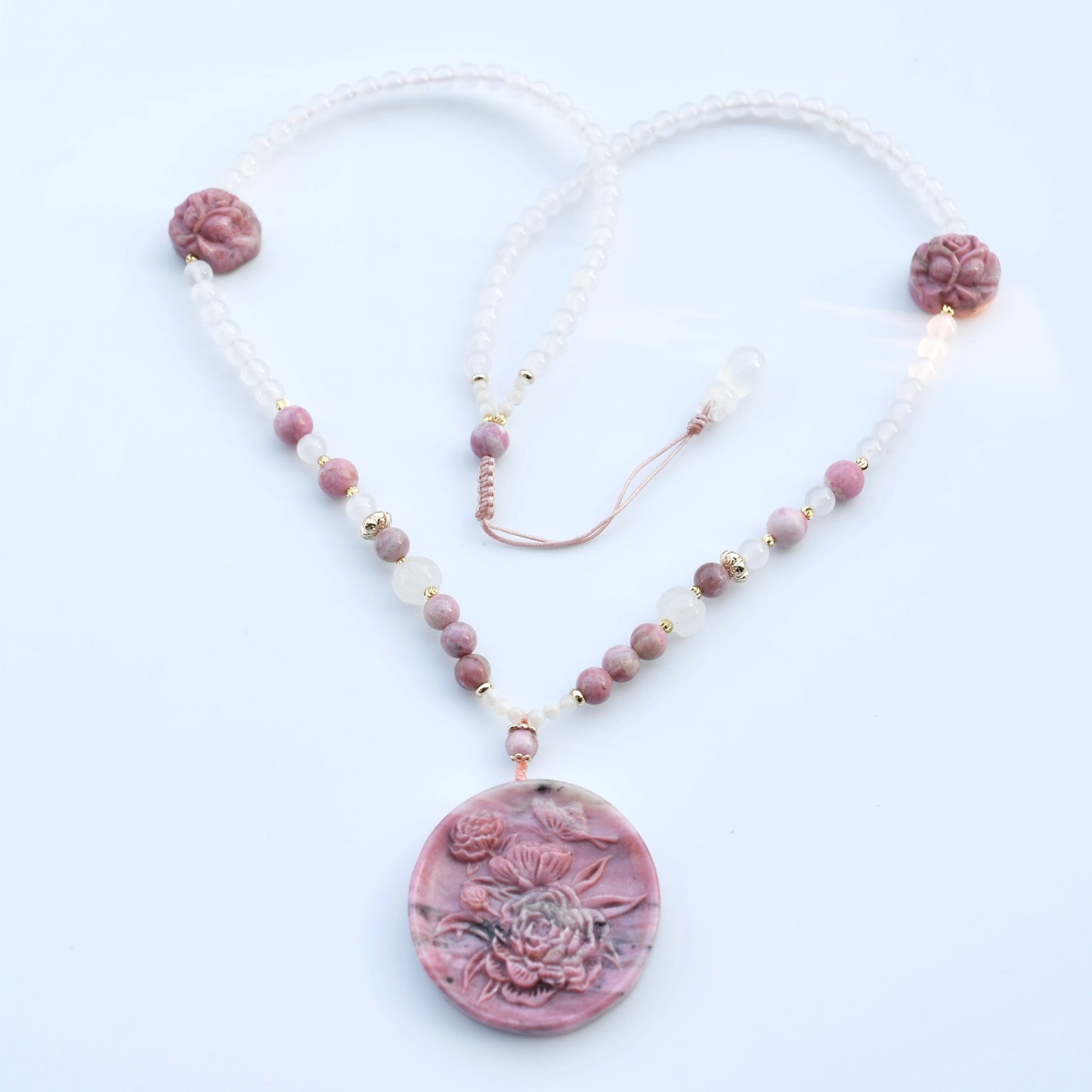 Pink Peony Lock Beaded Necklace - Rhodonite