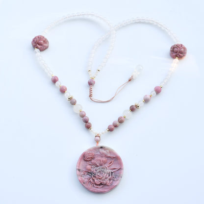 Pink Peony Lock Beaded Necklace - Rhodonite