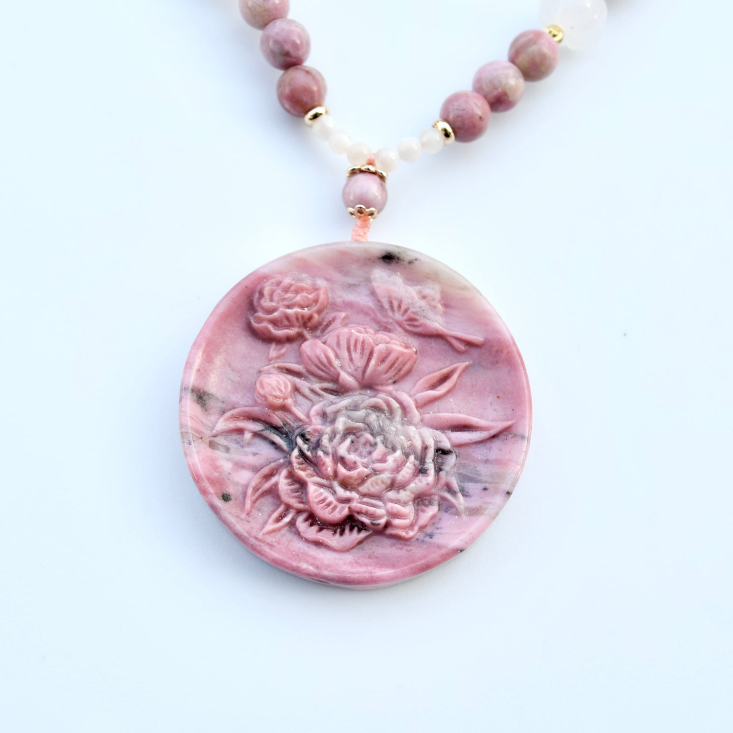 Pink Peony Lock Beaded Necklace - Rhodonite