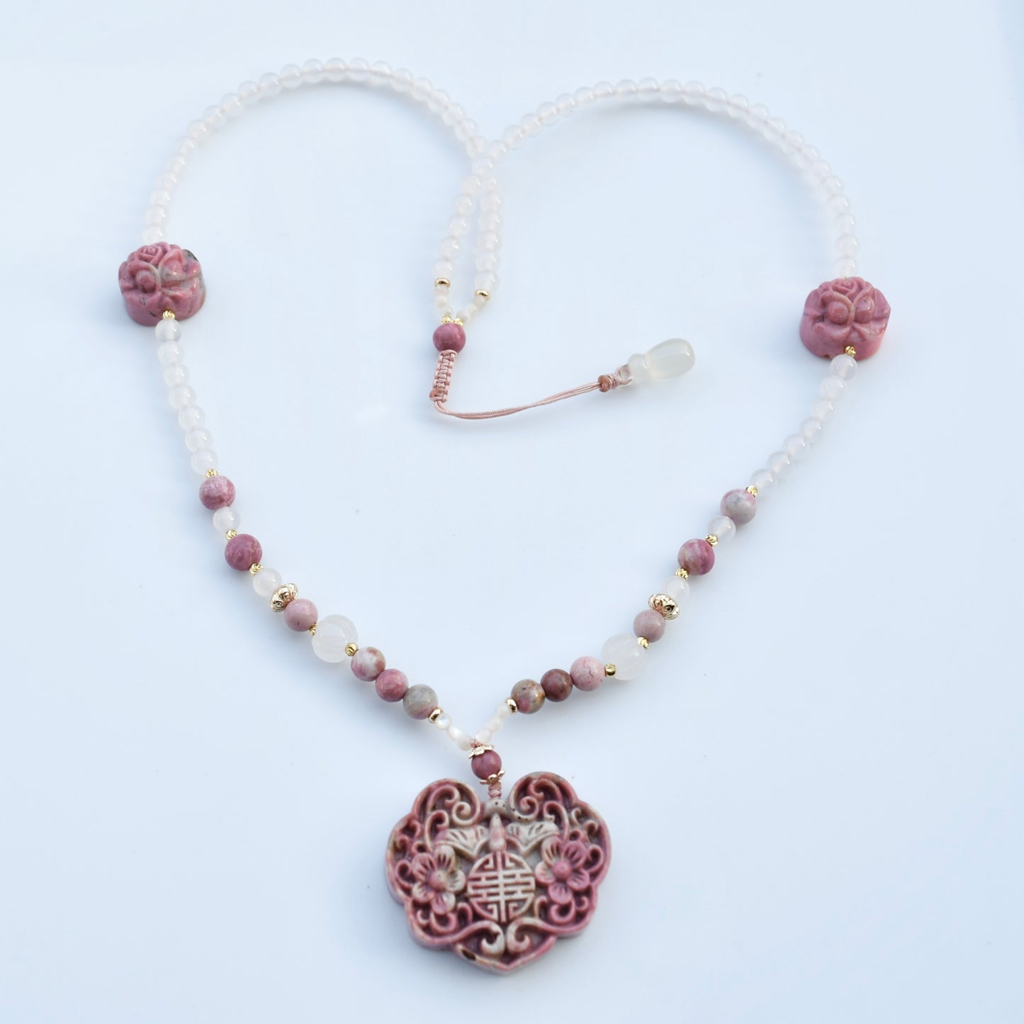 Pink Peony Lock Beaded Necklace - Rhodonite