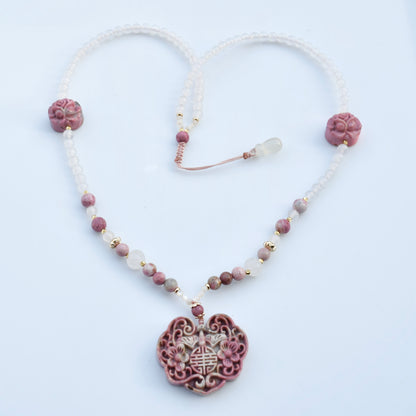 Pink Peony Lock Beaded Necklace - Rhodonite