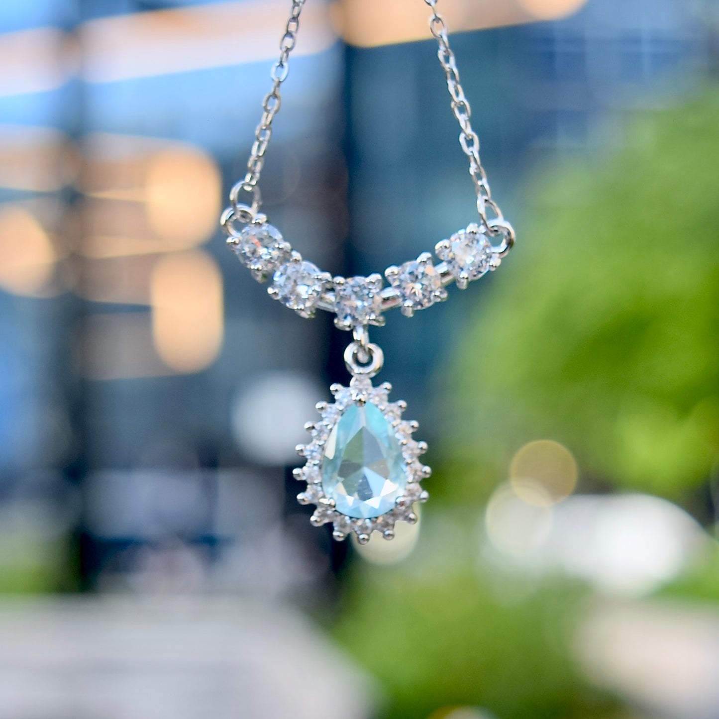 Princess Icy Blue Teardrop Charm Necklace - Stainless Steel Chain
