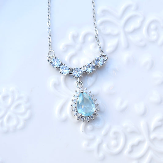 Princess Icy Blue Teardrop Charm Necklace - Stainless Steel Chain