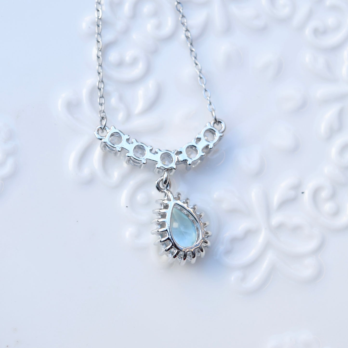 Princess Icy Blue Teardrop Charm Necklace - Stainless Steel Chain