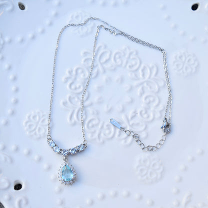 Princess Icy Blue Teardrop Charm Necklace - Stainless Steel Chain