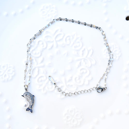 Blue Crystal Dolphin Charm Silver Necklace - Stainless Steel