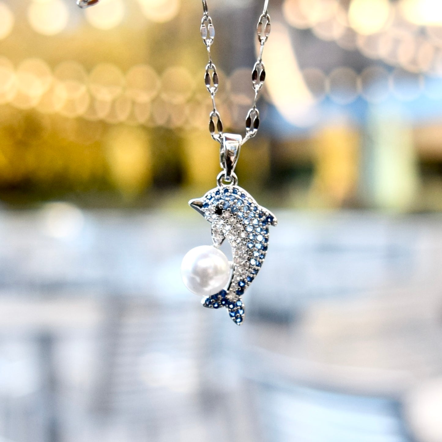 Blue Crystal Dolphin Charm Silver Necklace - Stainless Steel