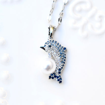 Blue Crystal Dolphin Charm Silver Necklace - Stainless Steel