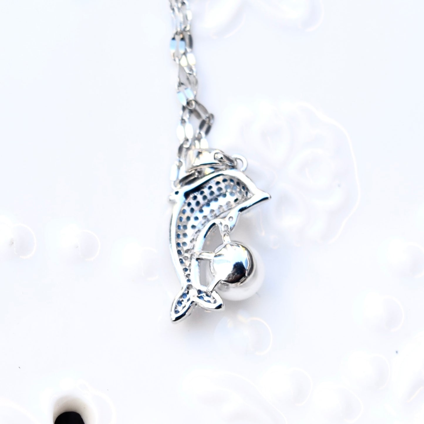 Blue Crystal Dolphin Charm Silver Necklace - Stainless Steel