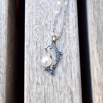 Blue Crystal Dolphin Charm Silver Necklace - Stainless Steel