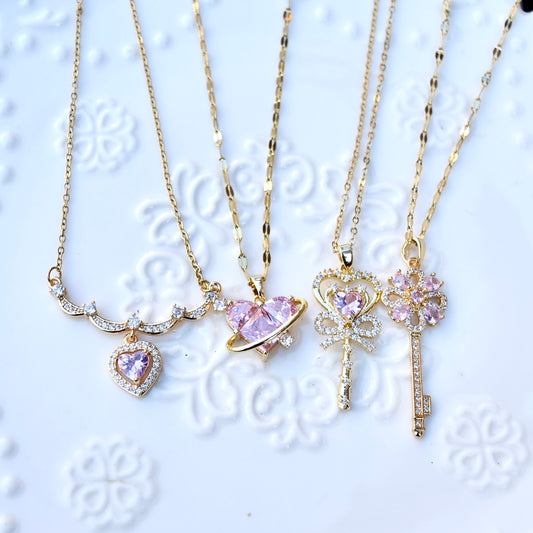 Pink Crystal Charm Princess Necklace -Loving Heart Key Stainless Steel