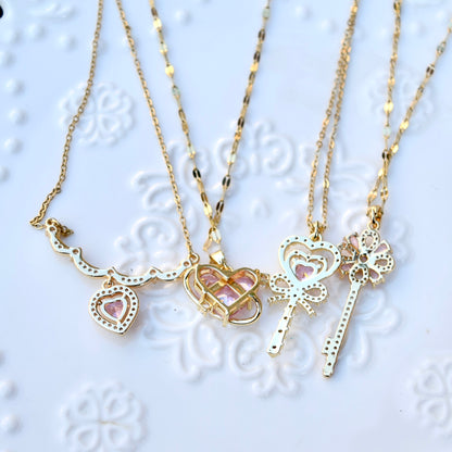 Pink Crystal Charm Princess Necklace -Loving Heart Key Stainless Steel
