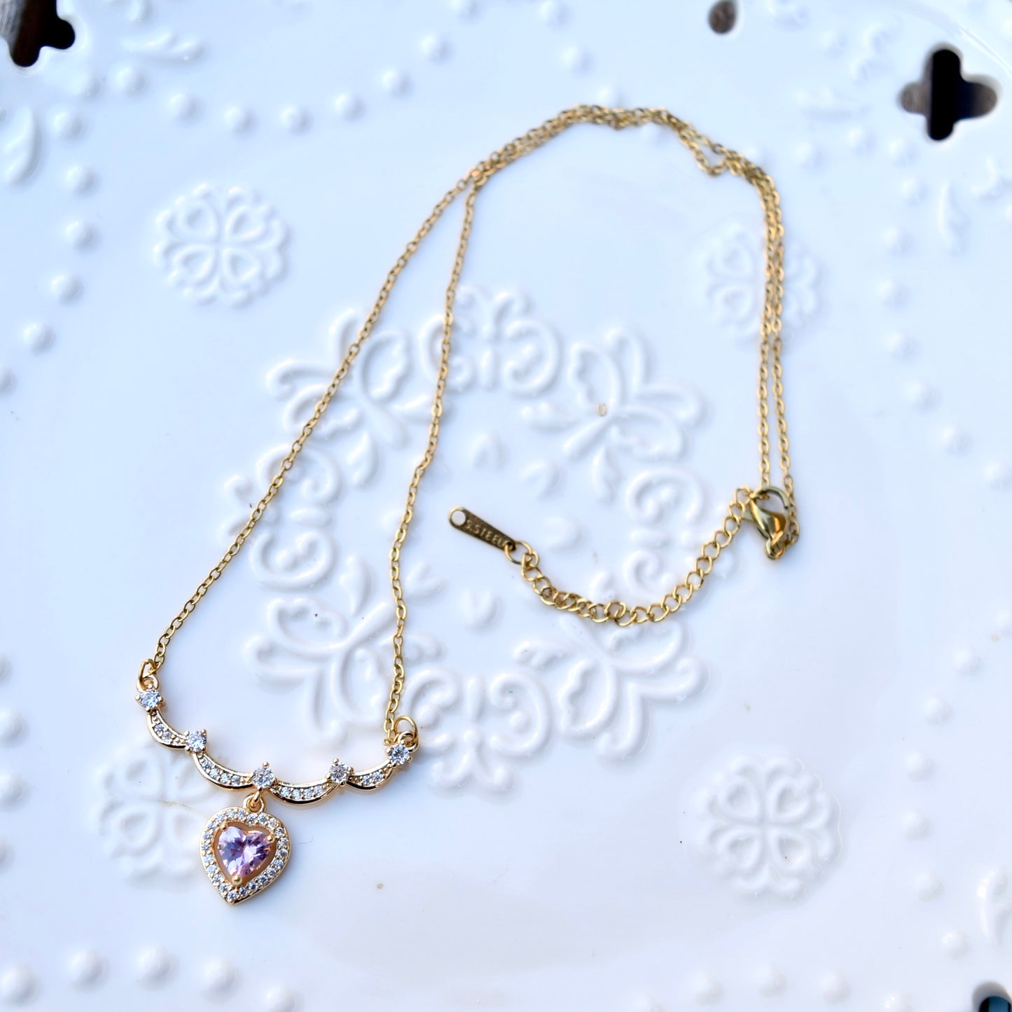 Pink Crystal Charm Princess Necklace -Loving Heart Key Stainless Steel