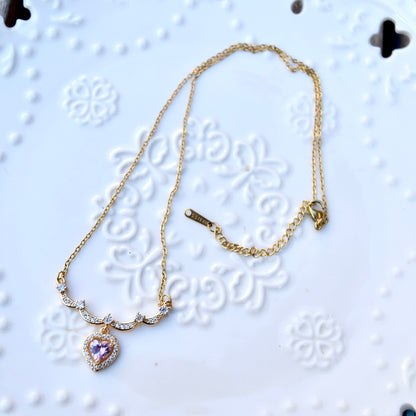 Pink Crystal Charm Princess Necklace -Loving Heart Key Stainless Steel
