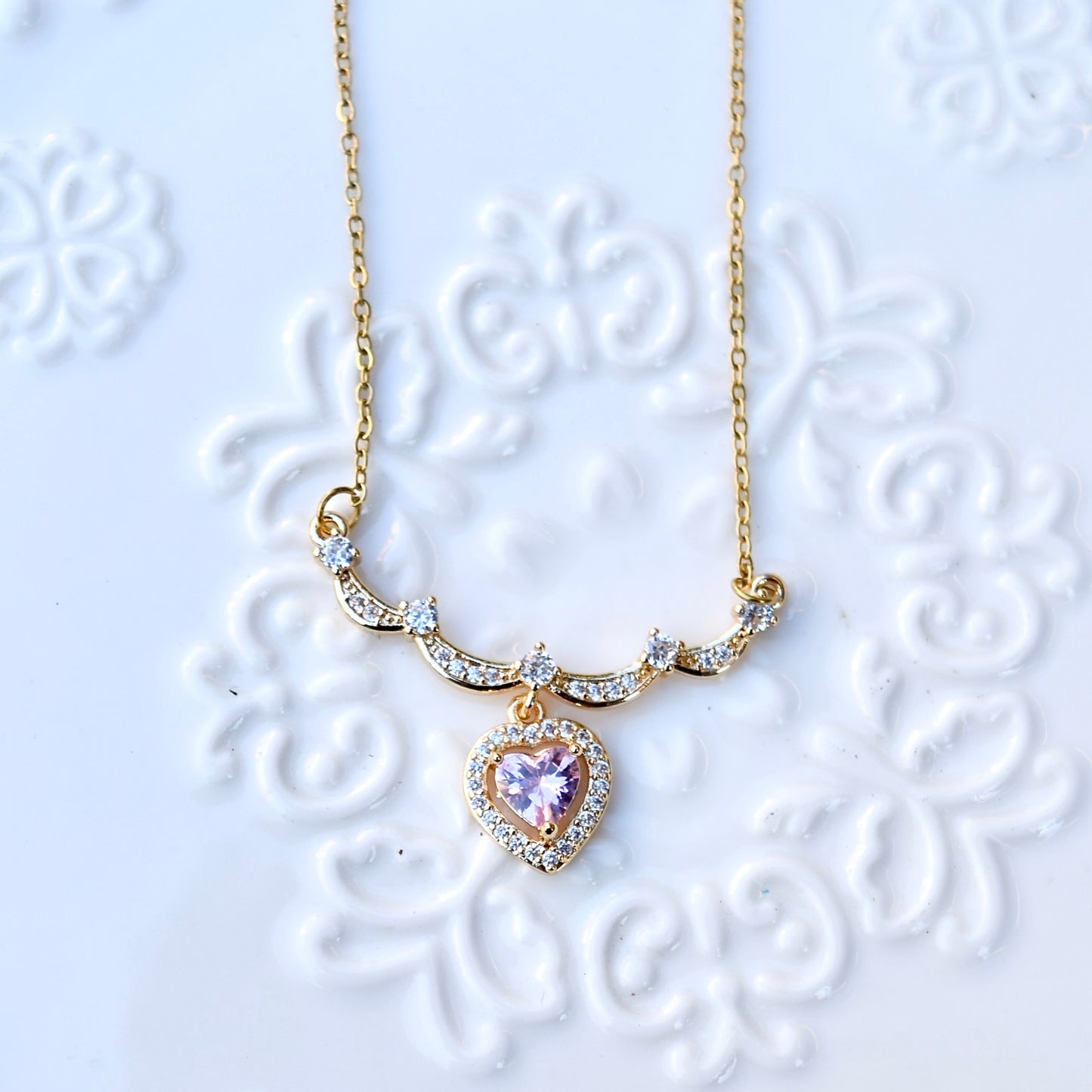 Pink Crystal Charm Princess Necklace -Loving Heart Key Stainless Steel