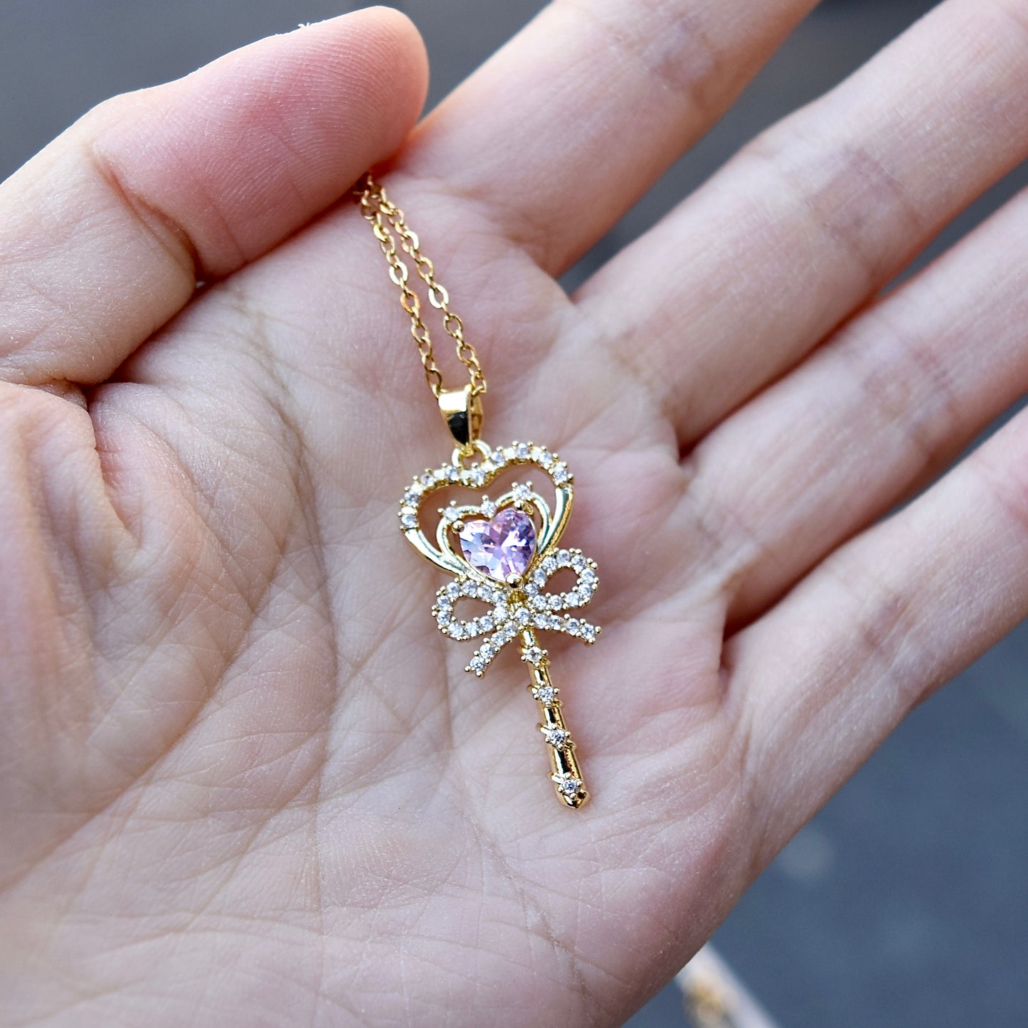 Pink Crystal Charm Princess Necklace -Loving Heart Key Stainless Steel