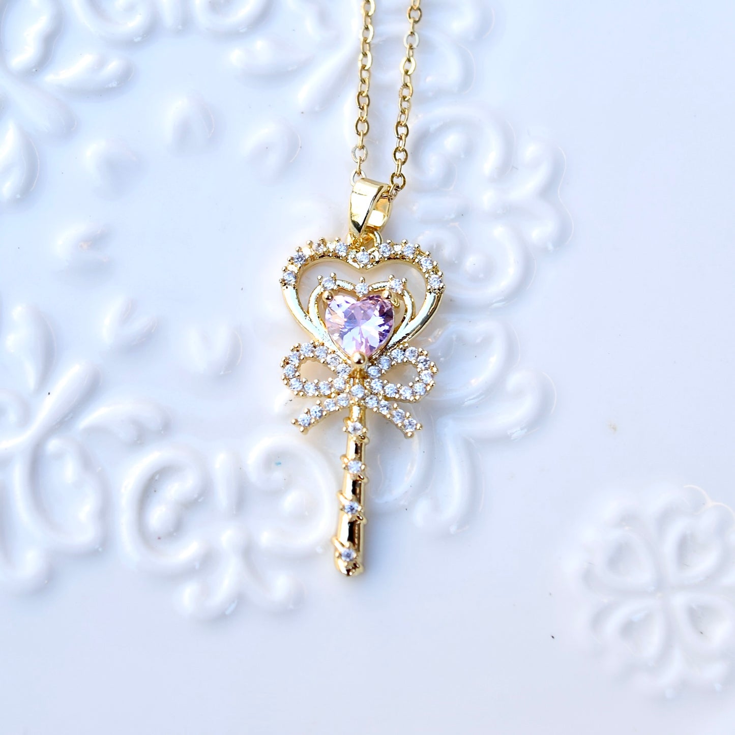 Pink Crystal Charm Princess Necklace -Loving Heart Key Stainless Steel