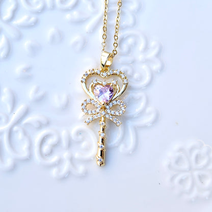 Pink Crystal Charm Princess Necklace -Loving Heart Key Stainless Steel