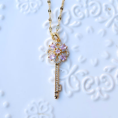 Pink Crystal Charm Princess Necklace -Loving Heart Key Stainless Steel