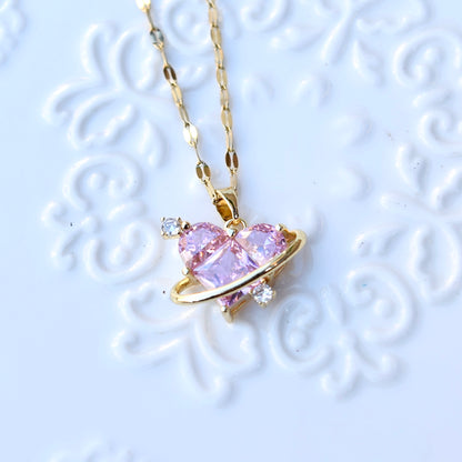 Pink Crystal Charm Princess Necklace -Loving Heart Key Stainless Steel